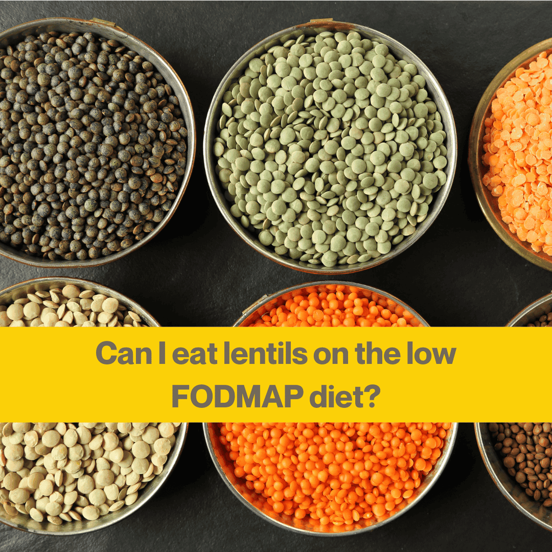 Black background with 6 metal bowls all filled with different coloured dry lentils. The words Can I eat lentils on the low FODMAP diet.